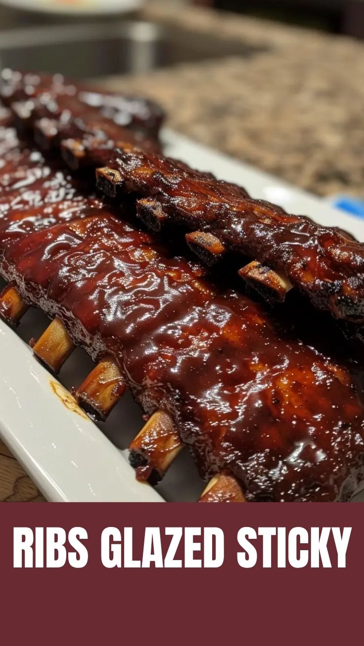 Close-up of succulent baby back ribs, glistening with sauce