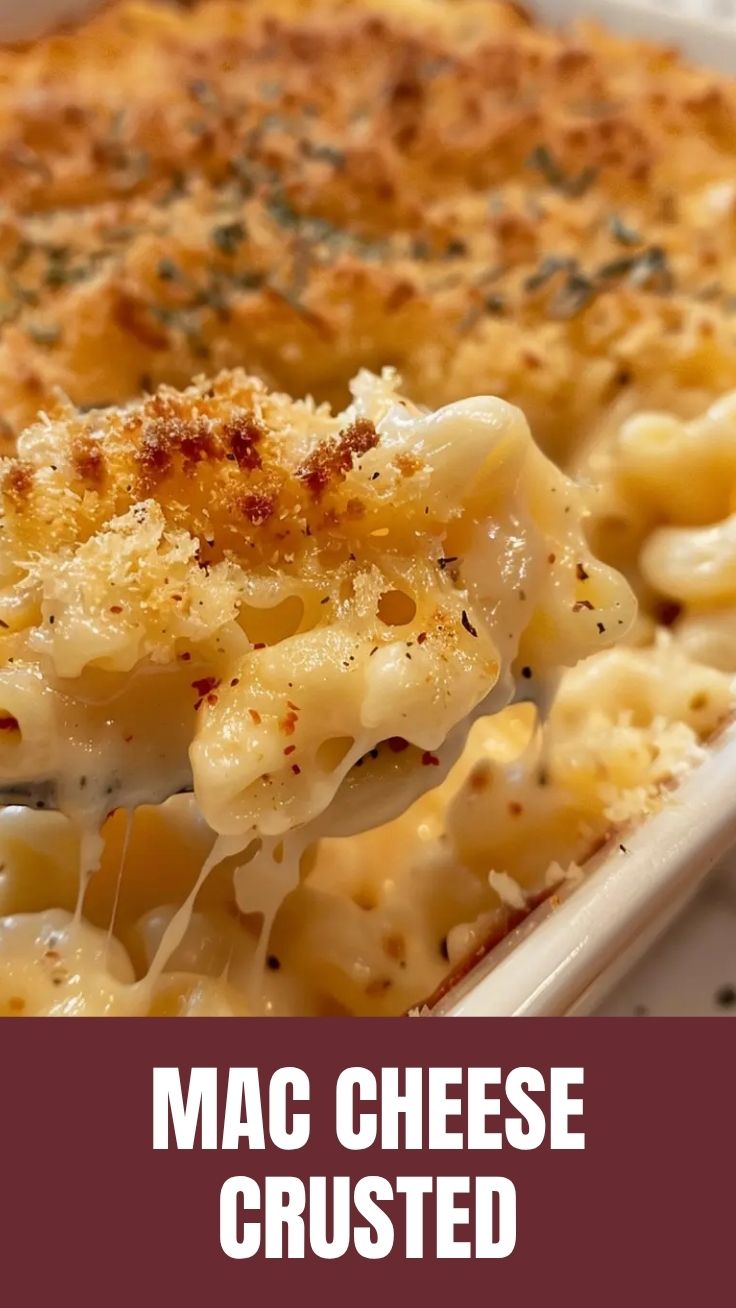 A bubbling dish of baked mac and cheese with a golden crust.