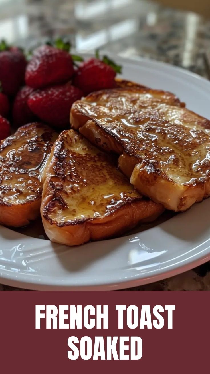 A stack of golden french toast drizzled with syrup and topped with berries.