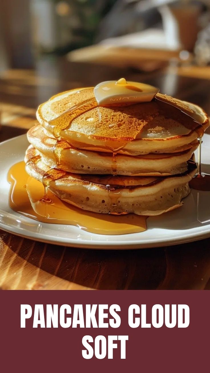 A stack of perfectly golden fluffy pancakes drizzled with syrup.