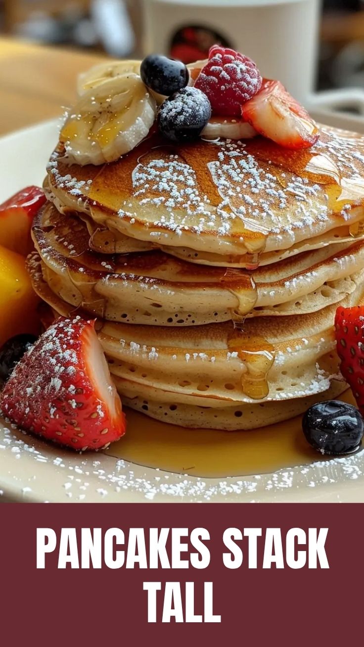 A stack of fluffy pancakes drizzled with syrup and berries on a white plate.