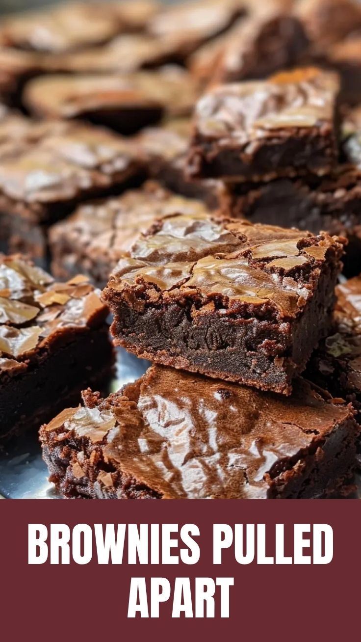 A close-up of rich, dark fudgy brownies with a crinkly top