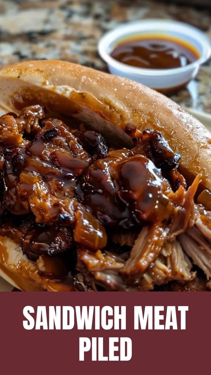 A close-up of a savory pulled sandwich overflowing with tender meat and toppings.