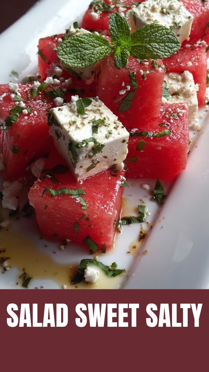 A vibrant watermelon feta salad with mint leaves on a white plate