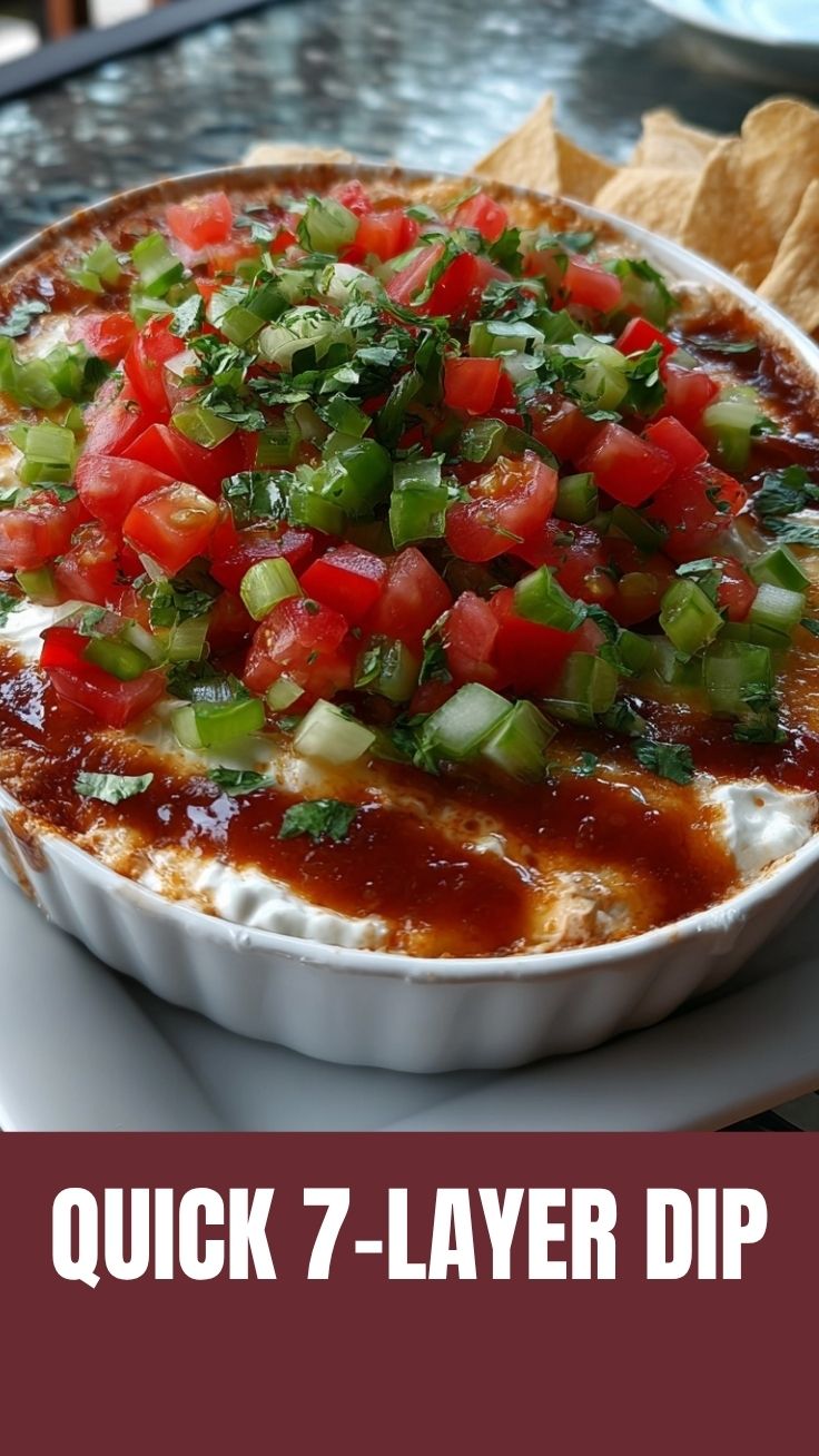 A vibrant 7-layer dip prepared in a clear glass dish, showing all colorful layers.