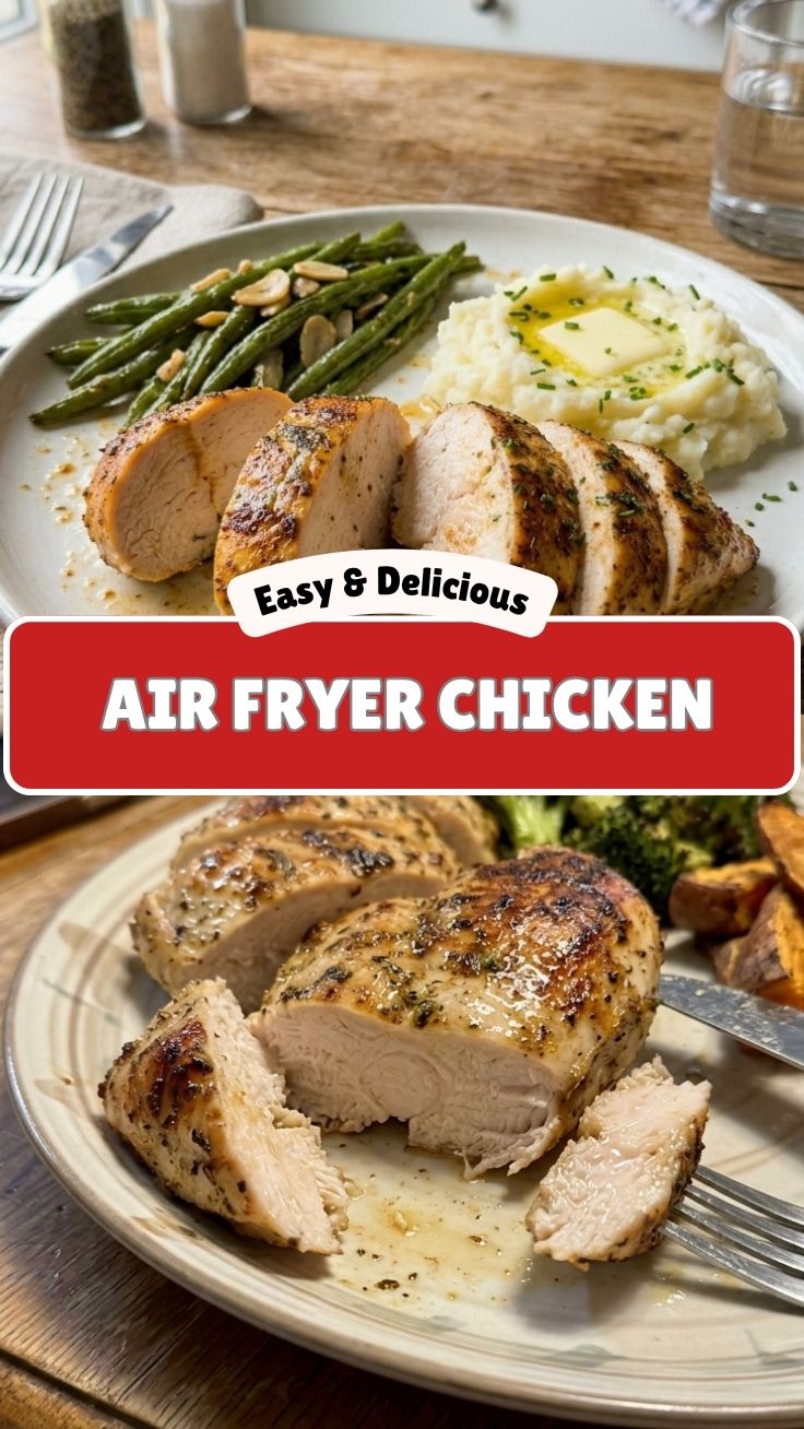 A perfectly cooked air fryer chicken breast with a golden-brown crust