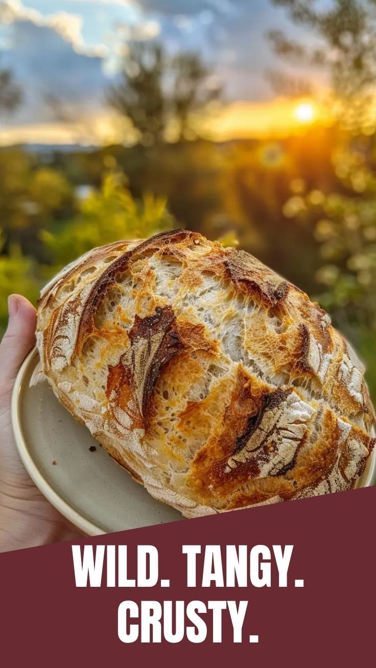 A close-up of a freshly baked sourdough bread with a crispy crust.