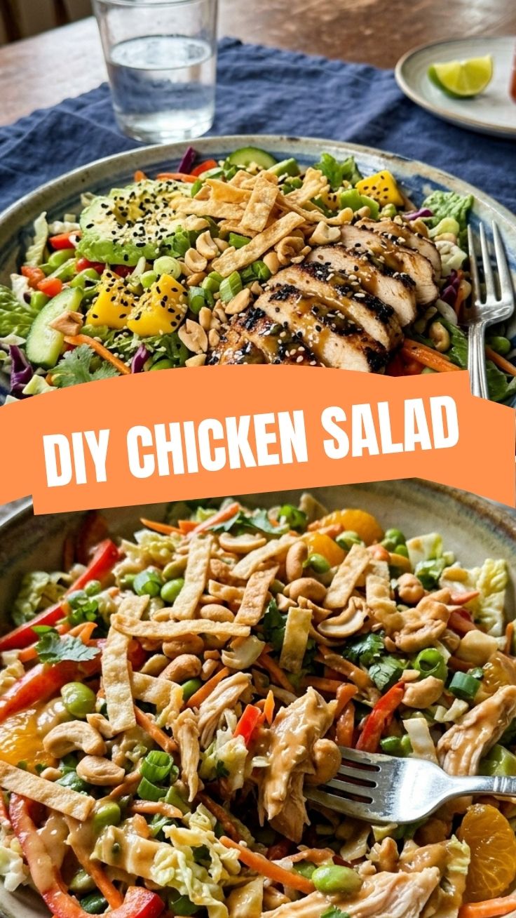 A vibrant Asian chicken salad with colorful vegetables and shredded chicken in a bowl.