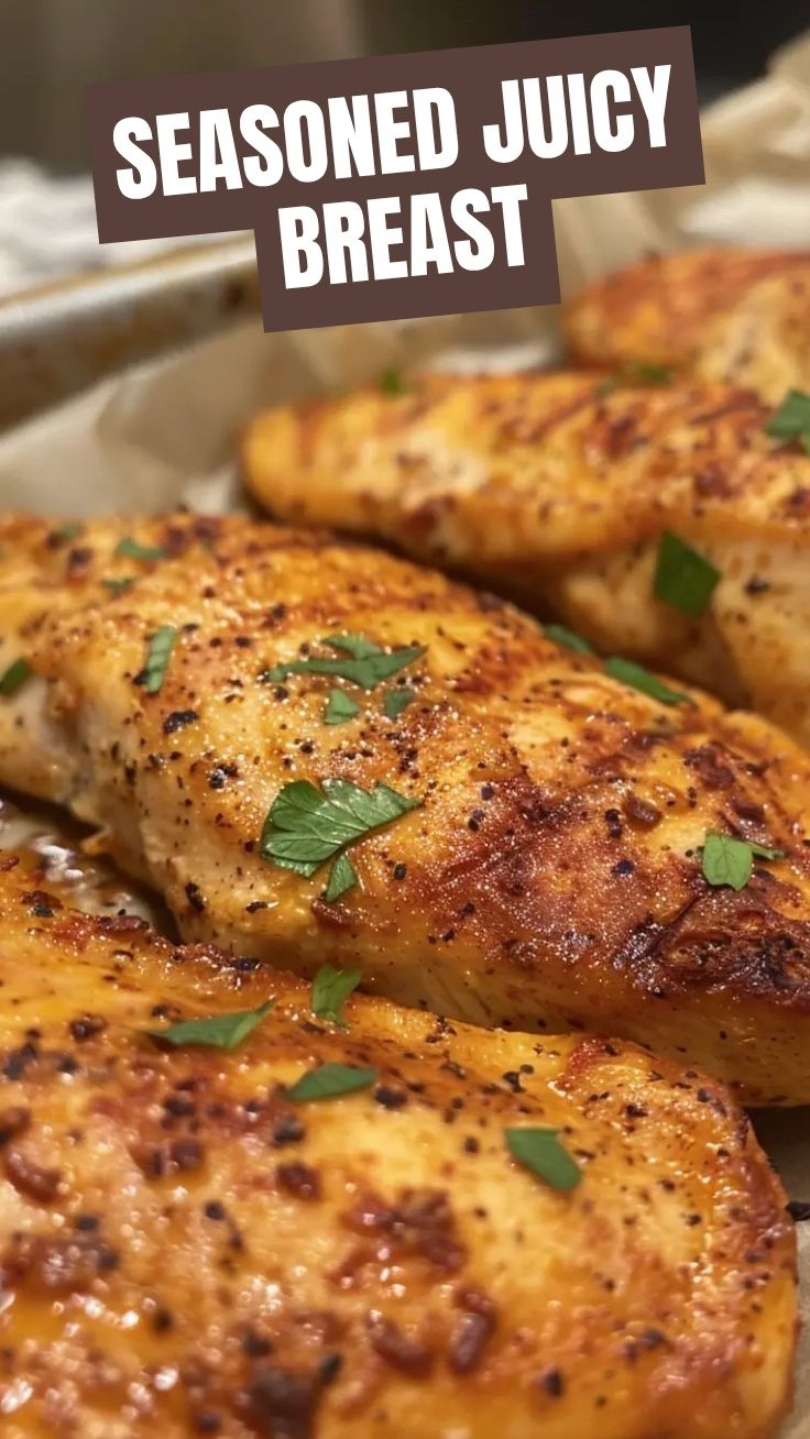 A perfectly cooked baked chicken breast resting on a plate.