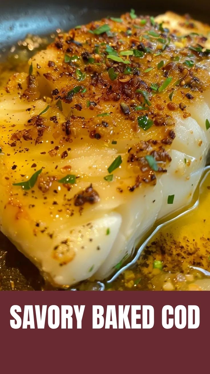 Freshly baked cod with lemon butter sauce drizzled over it.