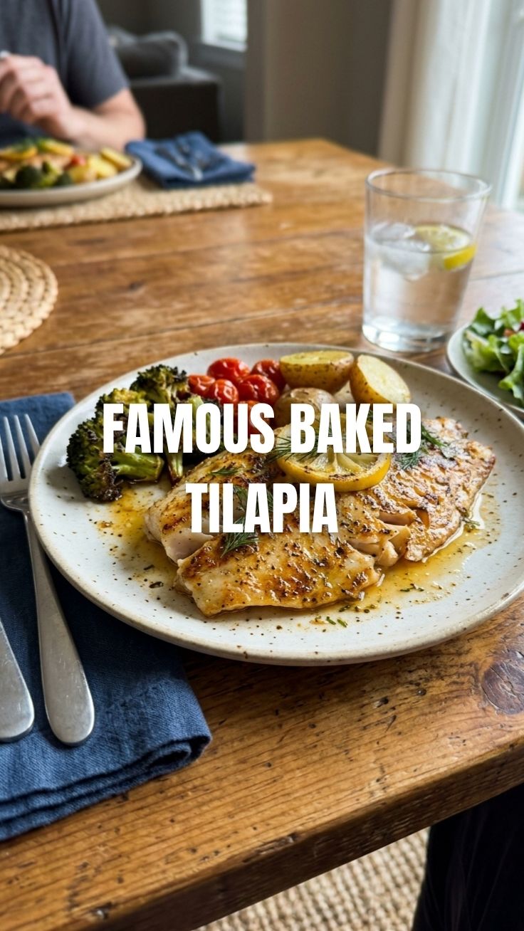 A serving of perfectly baked tilapia seasoned with herbs.
