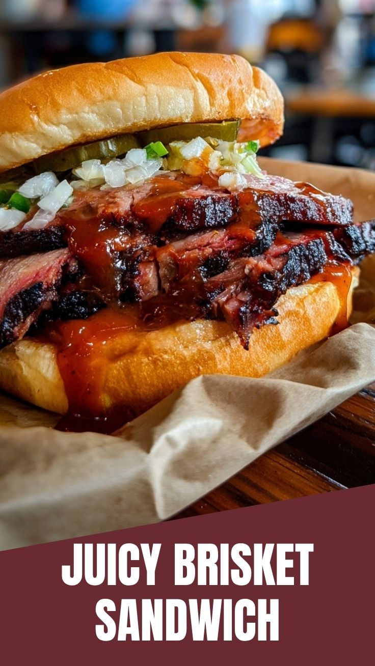 A delicious BBQ brisket sandwich with tender meat and savory sauce