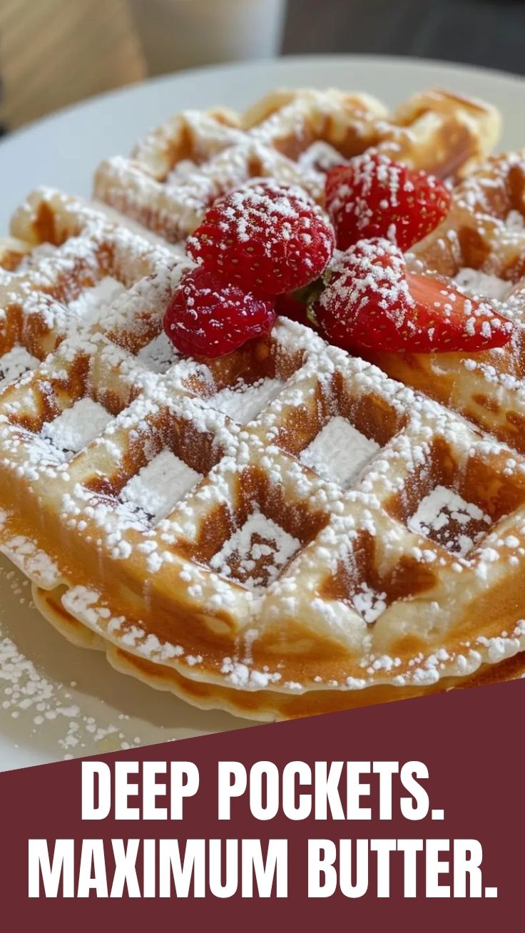 Golden brown Belgian waffles, fresh and warm
