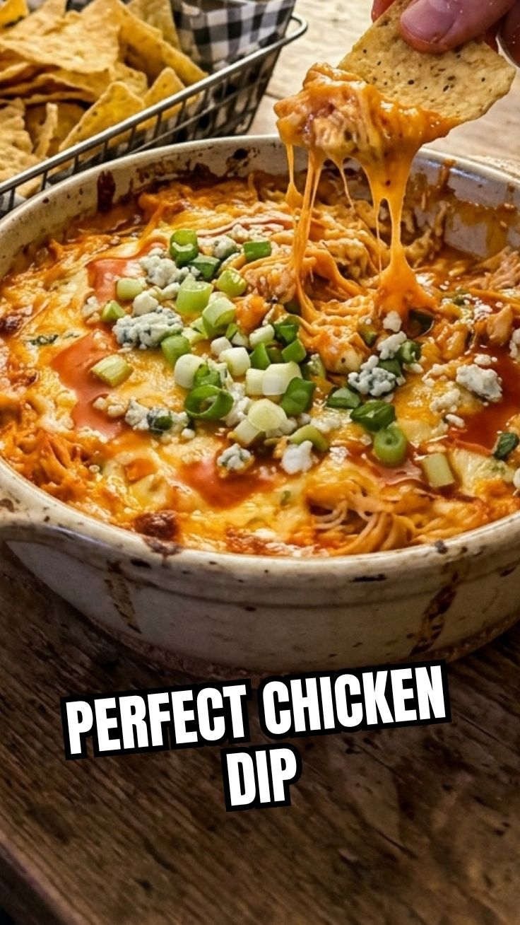 A hot and bubbly Buffalo Chicken Dip served in a ceramic dish.