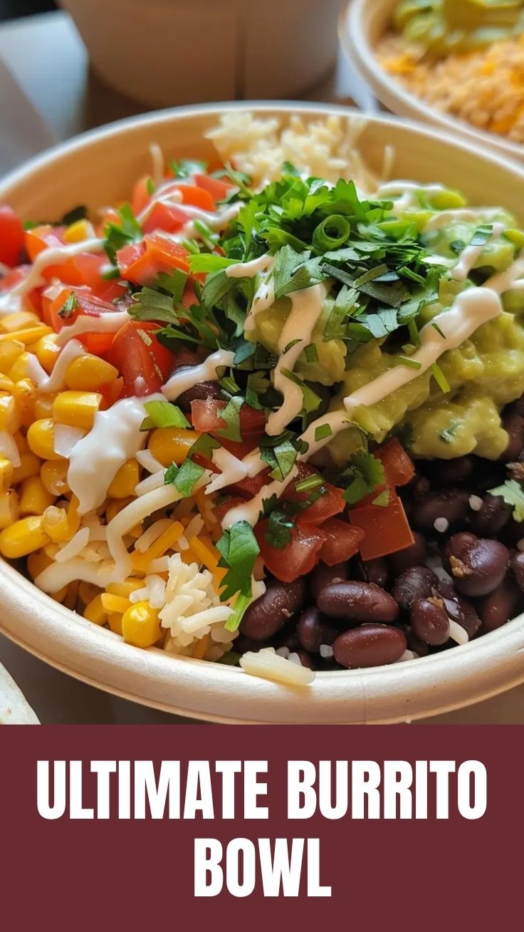 A vibrant Burrito Bowl, Chipotle Style, with rice, beans, corn, and salsa.