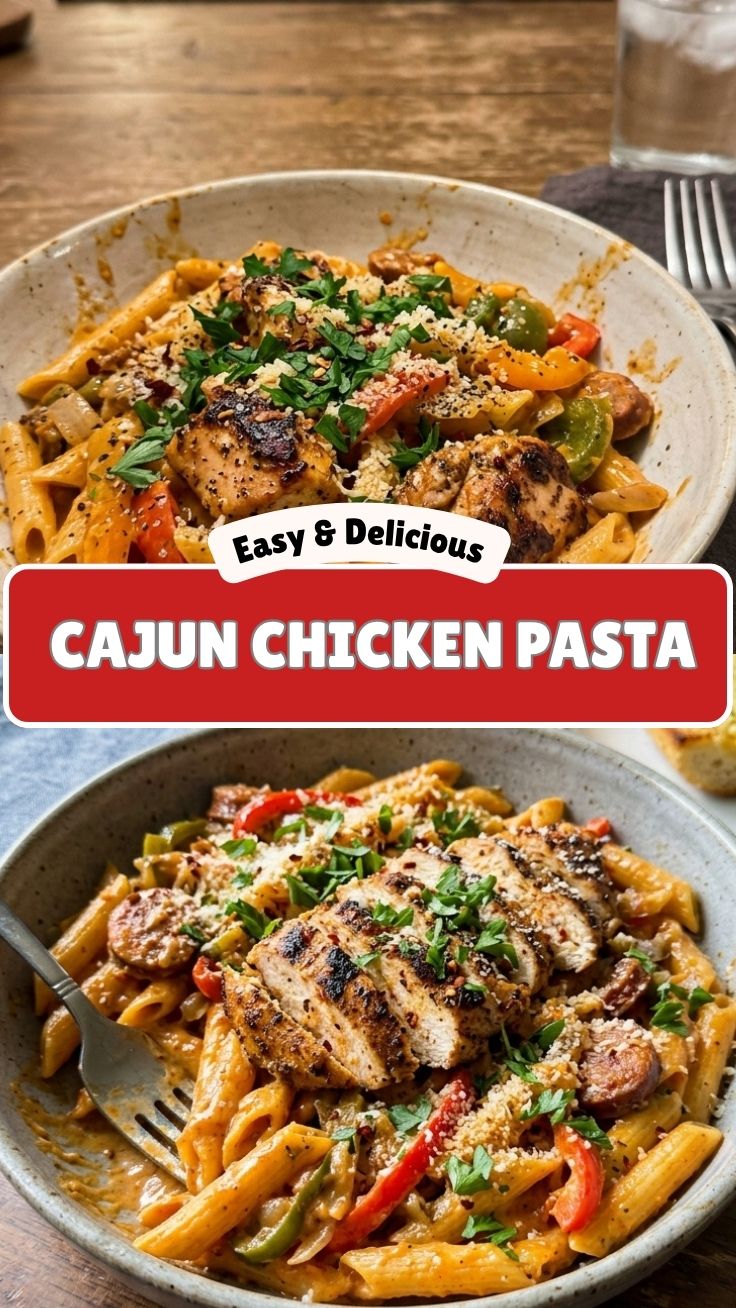 A close-up shot of a creamy Cajun Chicken Pasta dish, garnished with fresh herbs.