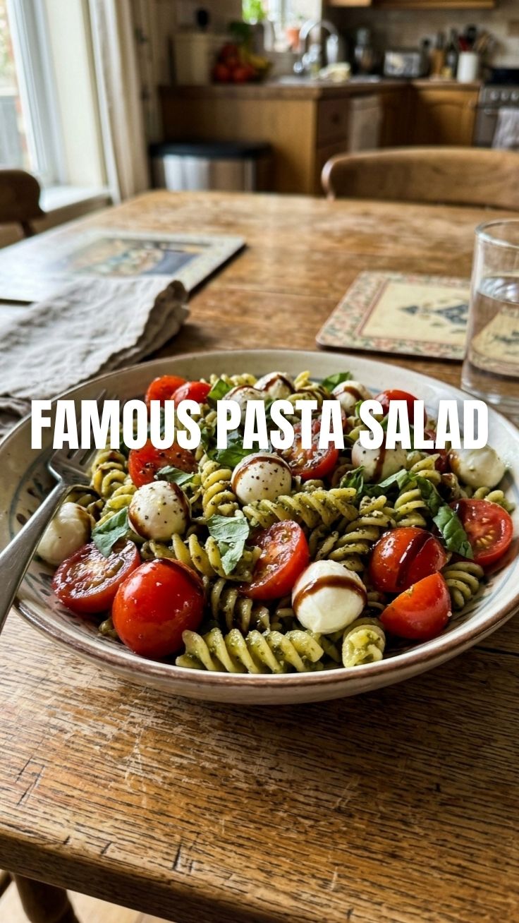 A bowl of fresh Caprese pasta salad with cherry tomatoes, mozzarella, and basil
