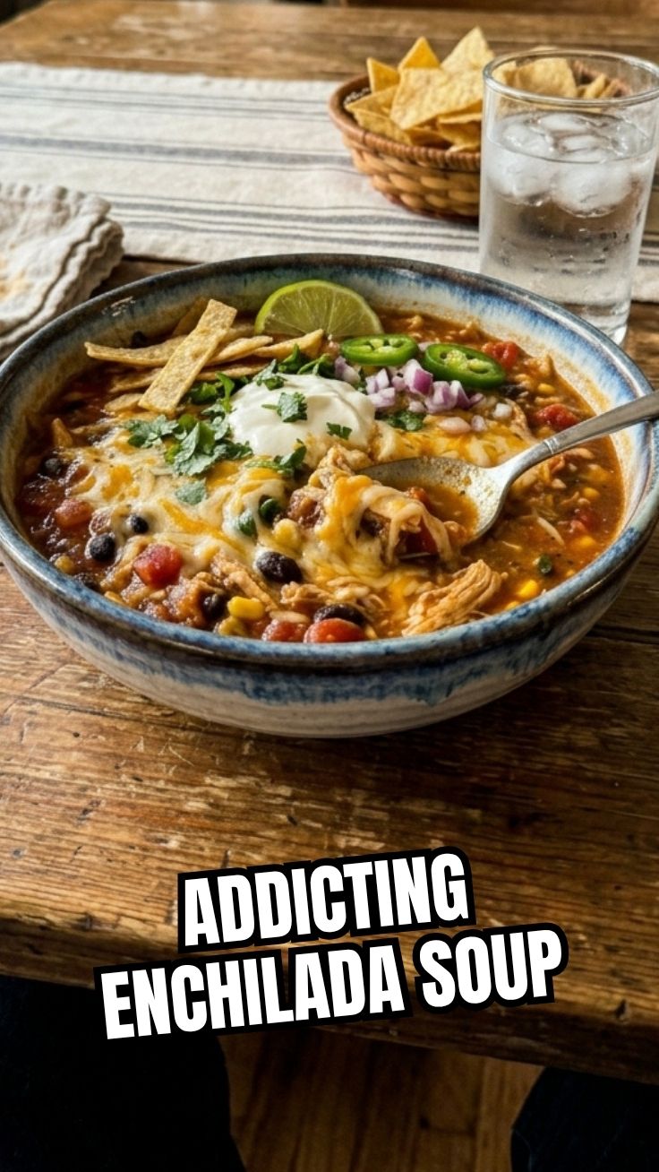 A bowl of savory chicken enchilada soup topped with cheese and cilantro