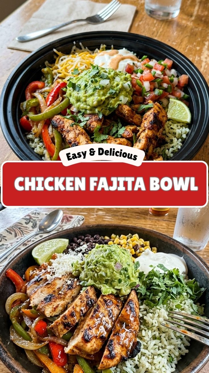 A vibrant chicken fajita bowl filled with grilled chicken, peppers, and onions