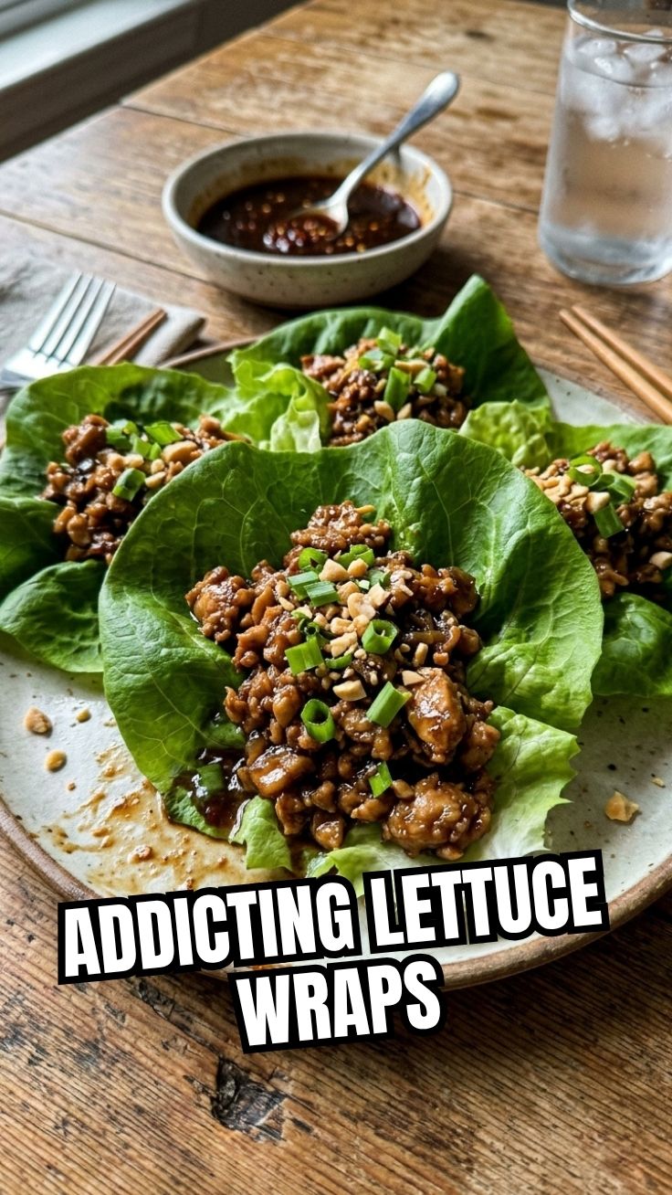 A plate of PF Changs style chicken lettuce wraps with sauce
