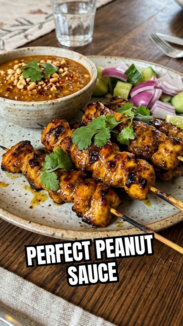 Chicken Satay skewers served with a rich peanut sauce