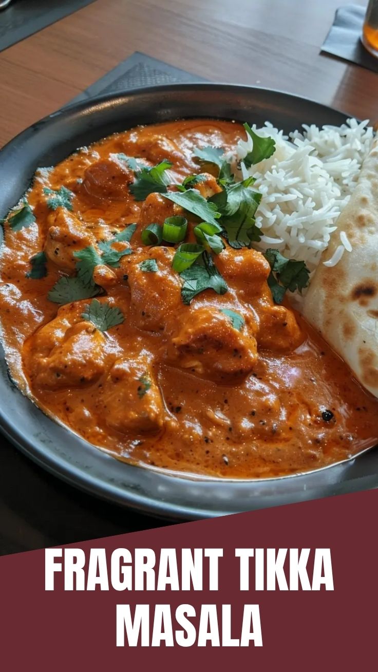 A vibrant bowl of chicken tikka masala, garnished with fresh cilantro
