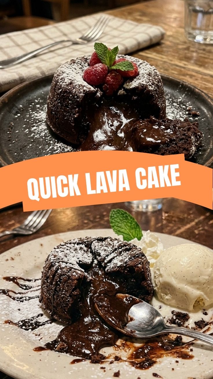 A rich chocolate lava cake with a molten center on a white plate
