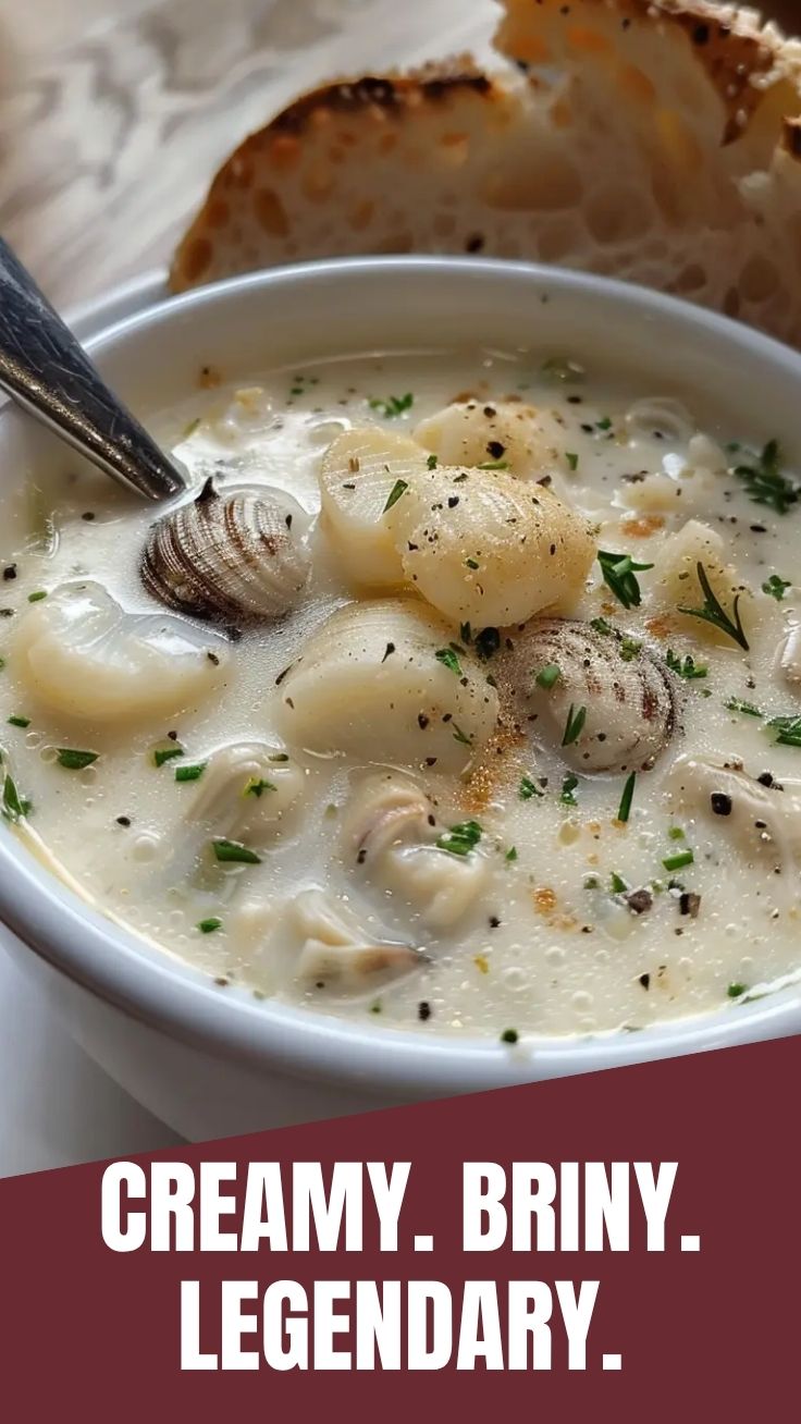 A steaming bowl of New England Clam Chowder with crackers.