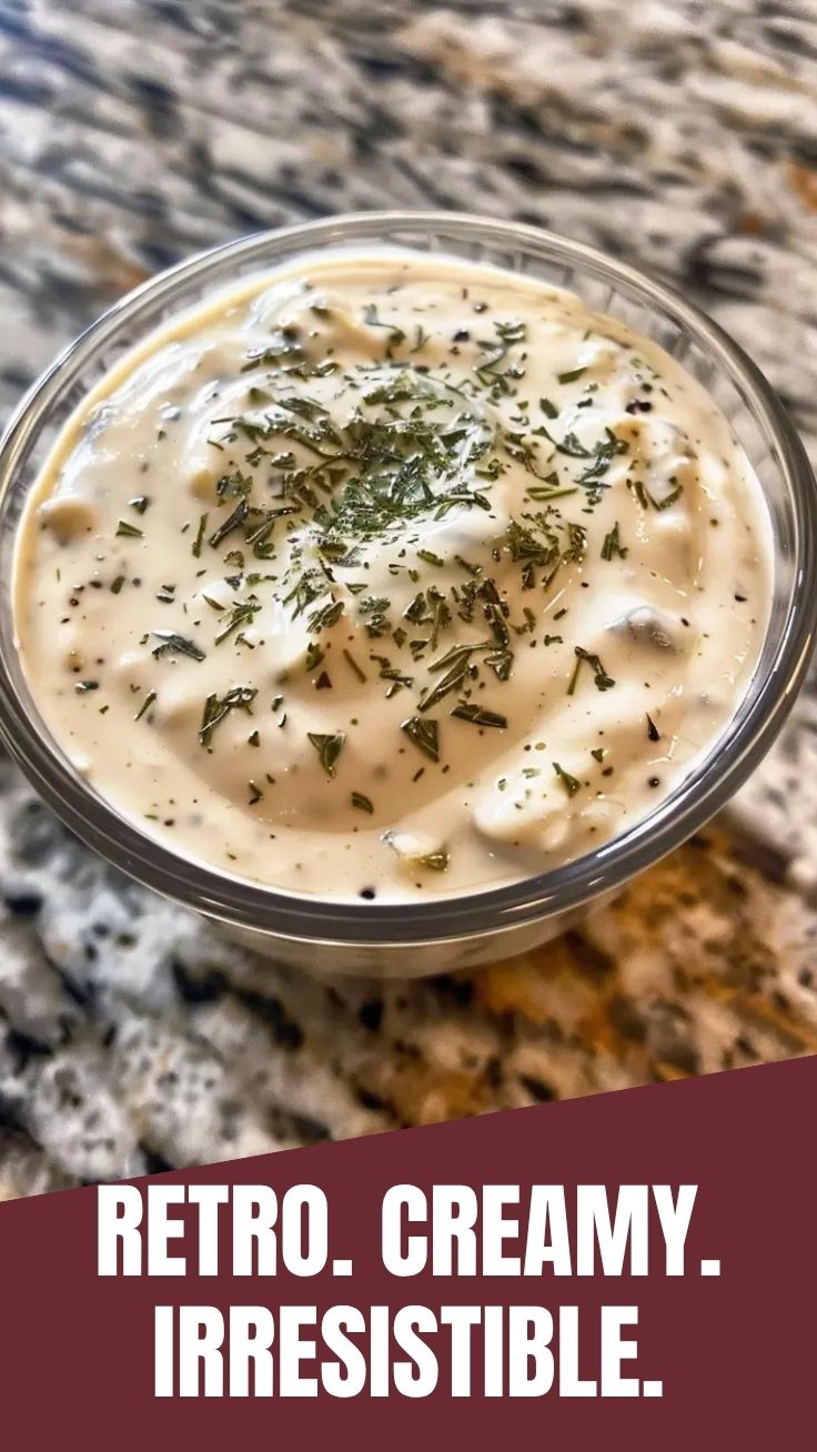 A bowl of creamy clam dip garnished with fresh herbs.