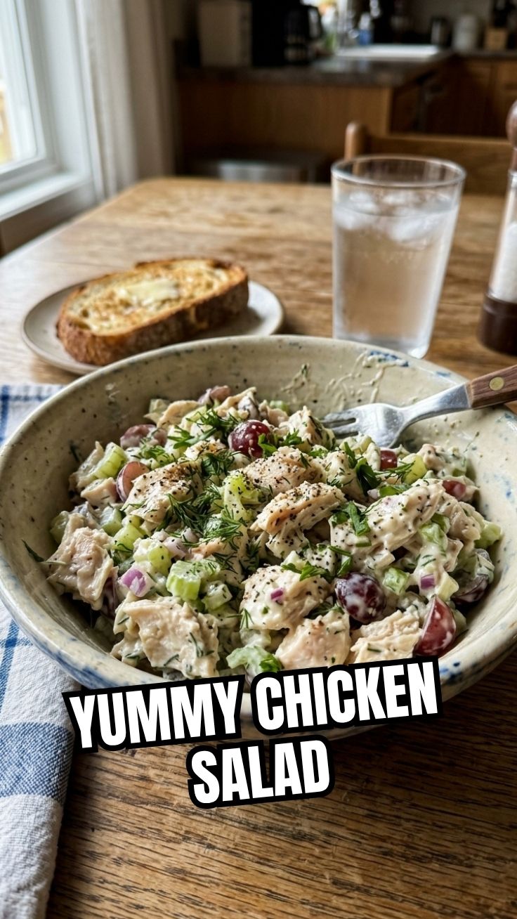A bowl of classic chicken salad, freshly prepared and inviting.