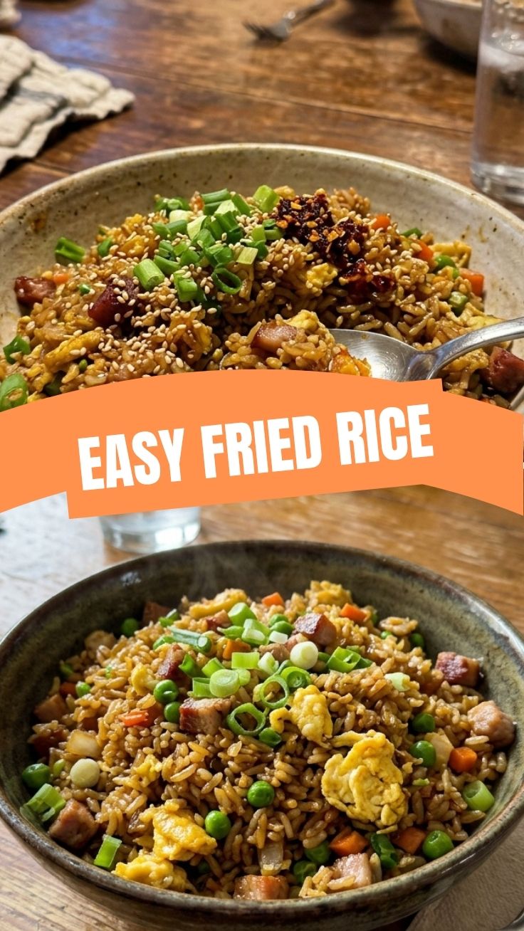 A steaming bowl of classic fried rice with vegetables and egg