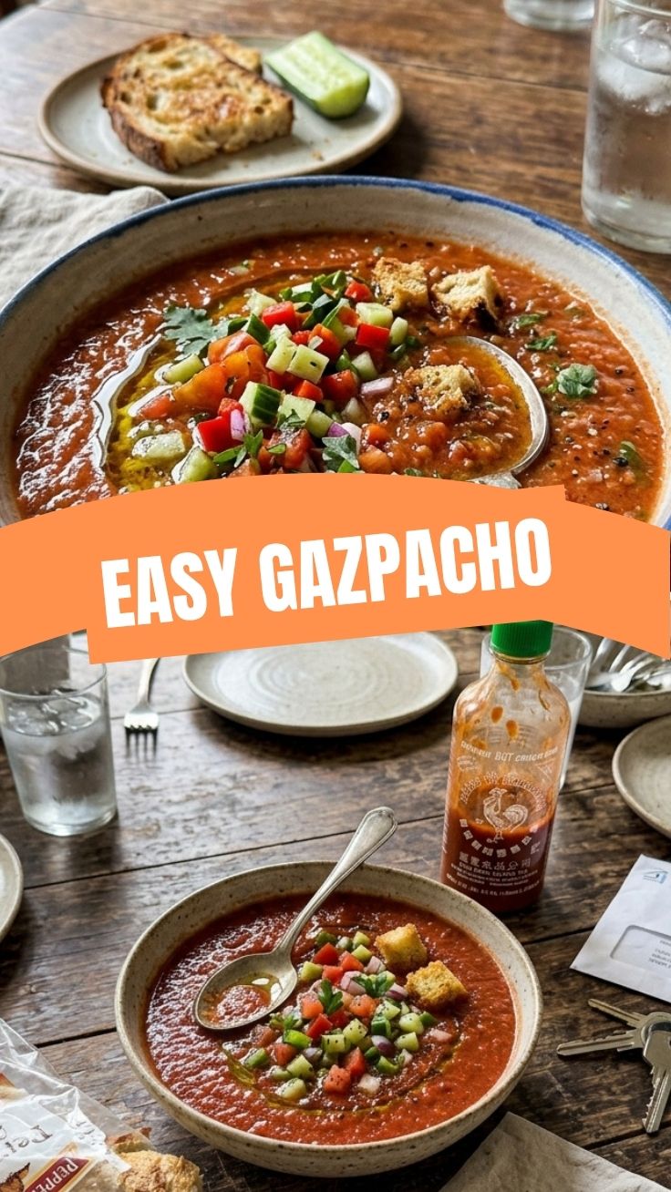 A vibrant bowl of classic gazpacho, perfectly chilled.