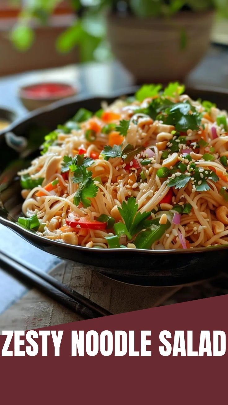 A vibrant cold noodle salad, Asian-style, with fresh vegetables and sesame seeds.