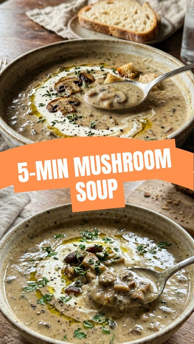 A bowl of rich creamy mushroom soup garnished with fresh herbs