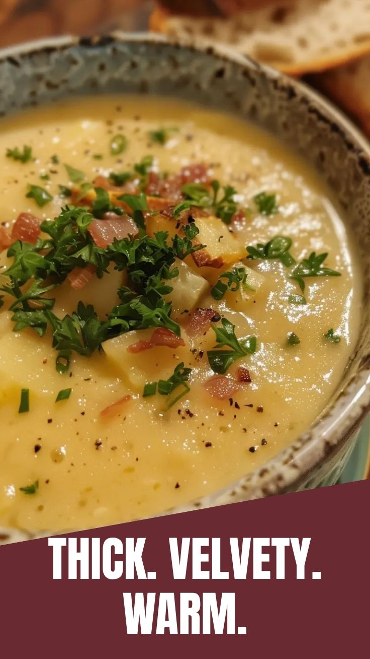 A bowl of rich creamy potato soup with herbs