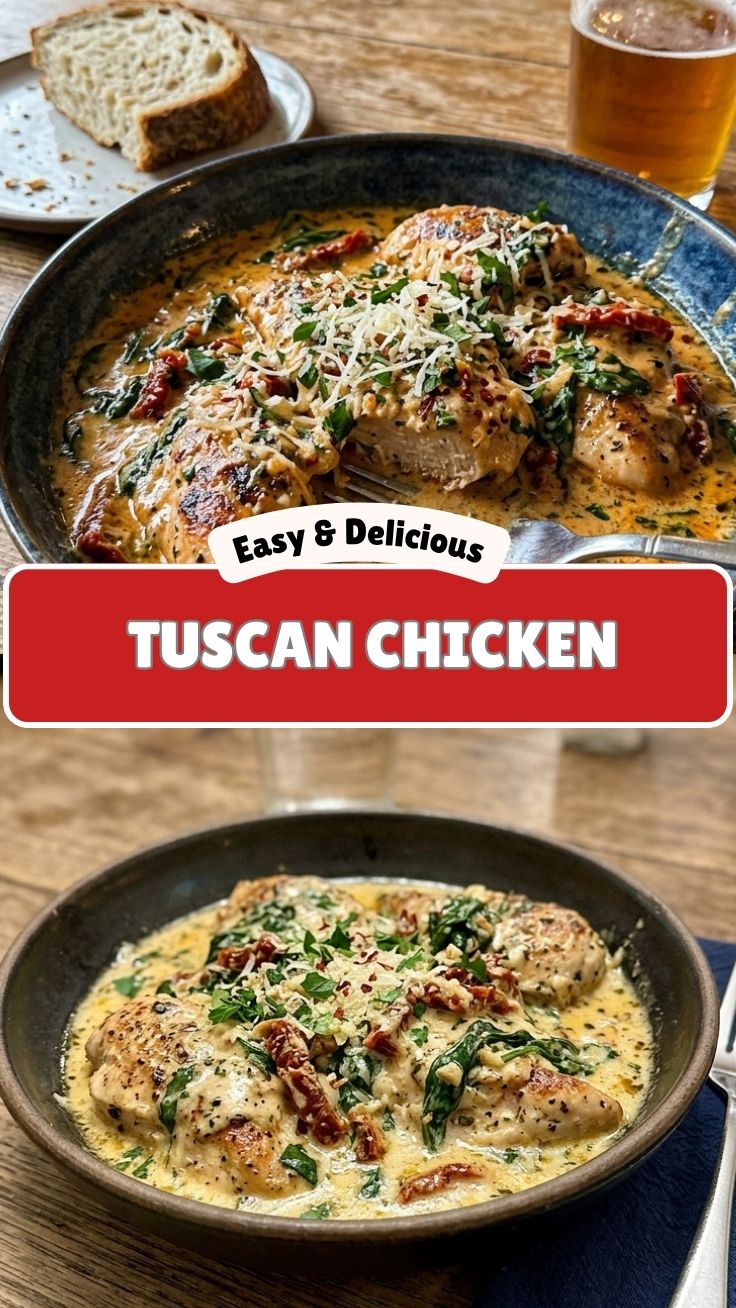 A full serving of creamy Tuscan chicken with sun-dried tomatoes and spinach.