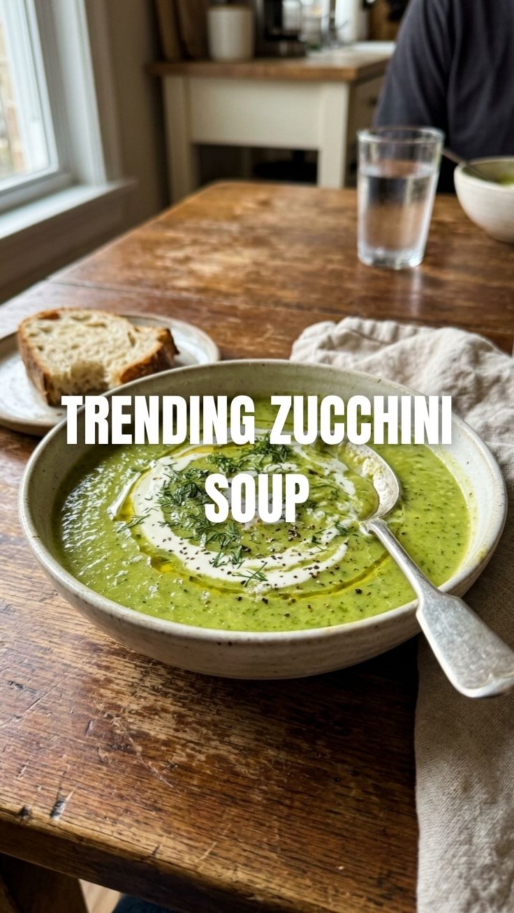 A bowl of creamy zucchini soup garnished with fresh herbs
