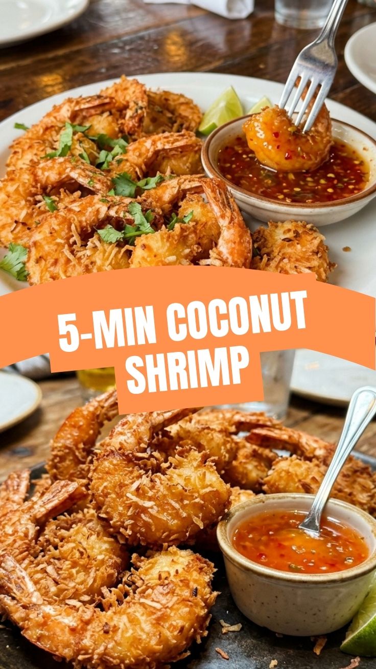 Plate of golden-fried coconut shrimp with dipping sauce