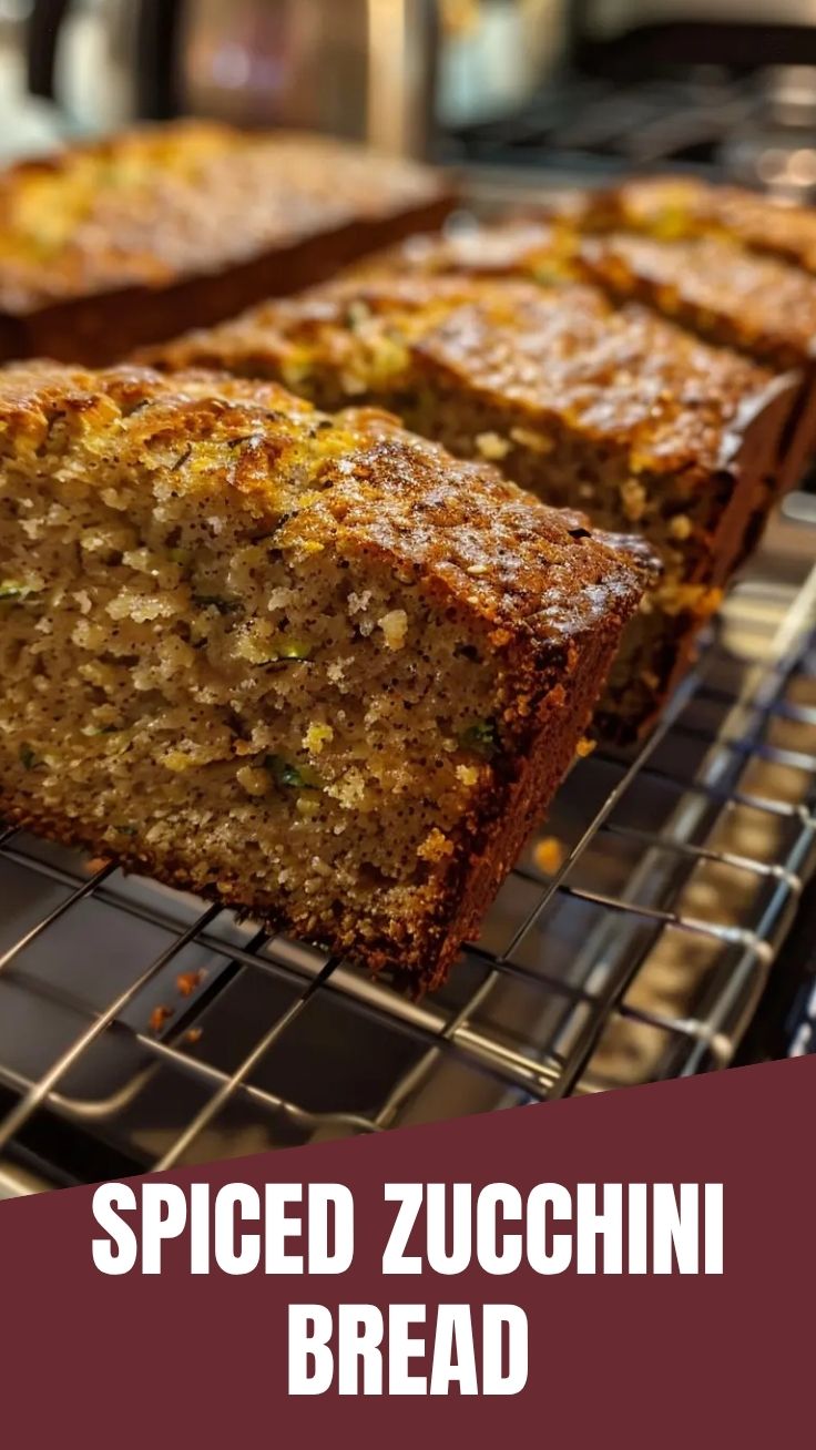 A freshly baked loaf of zucchini bread, golden brown and inviting.