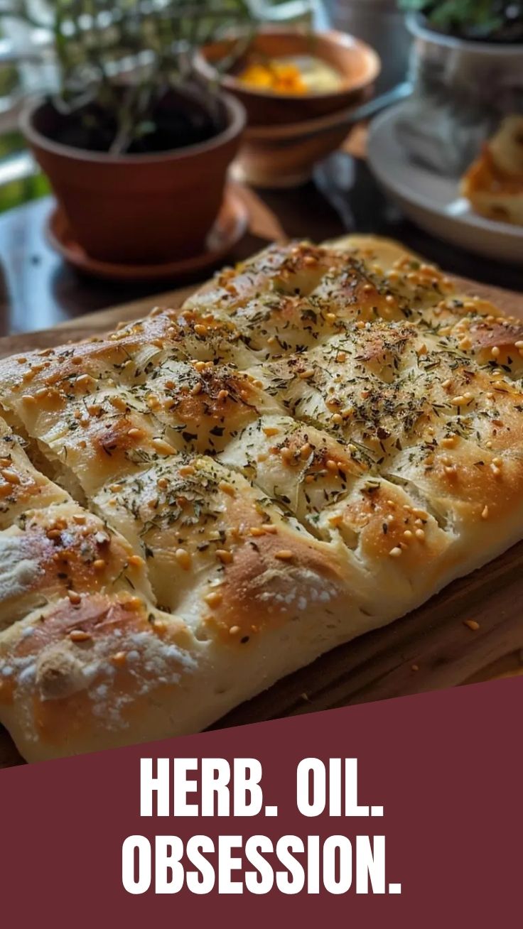 A golden-crusted focaccia bread with herbs and dimples.