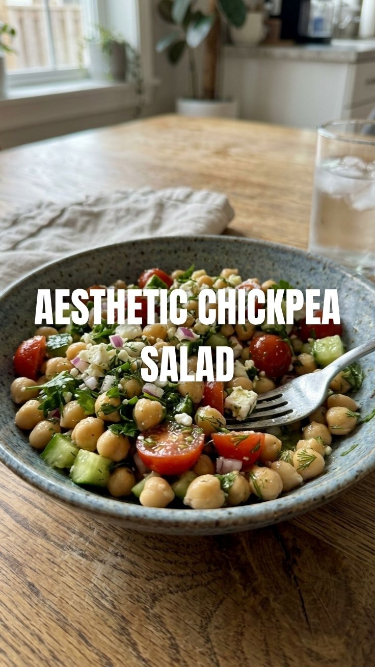 A fresh bowl of chickpea salad with vibrant vegetables.