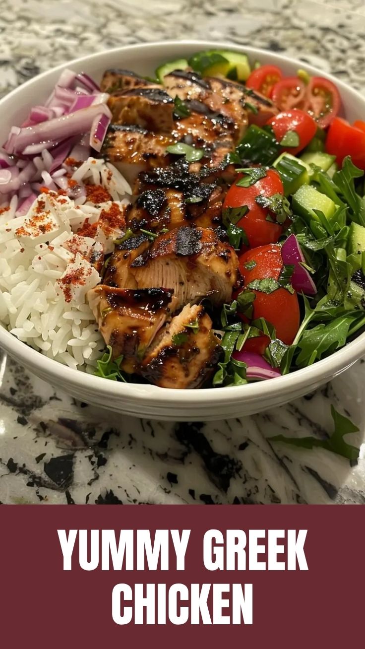 A vibrant Greek chicken bowl with fresh vegetables and feta cheese