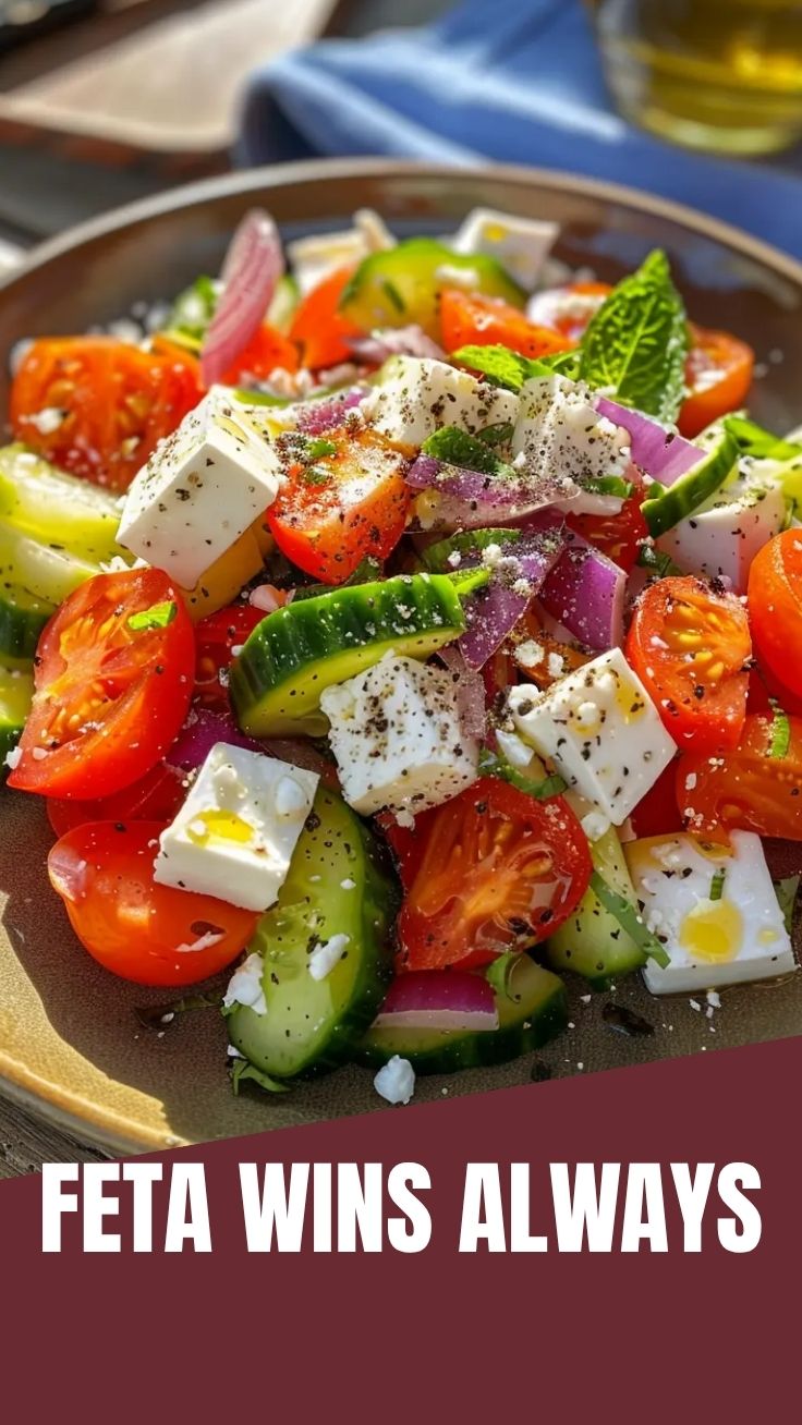 A bowl of fresh Greek salad with feta cheese, olives, and crisp vegetables
