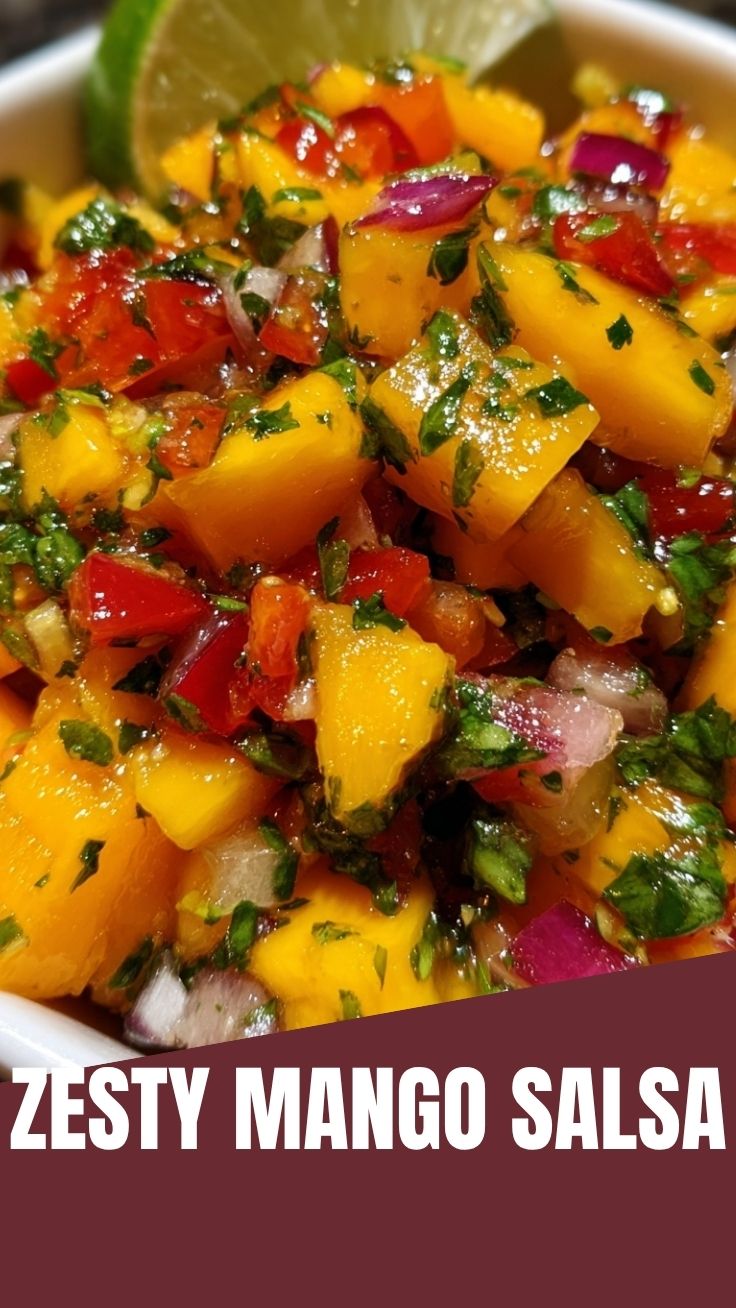 A vibrant bowl of fresh mango salsa with red onion and cilantro.