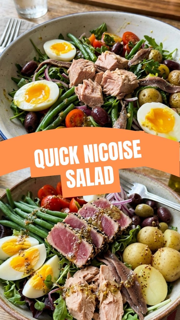 A fresh Nicoise salad with tuna, olives, green beans, and hard-boiled eggs
