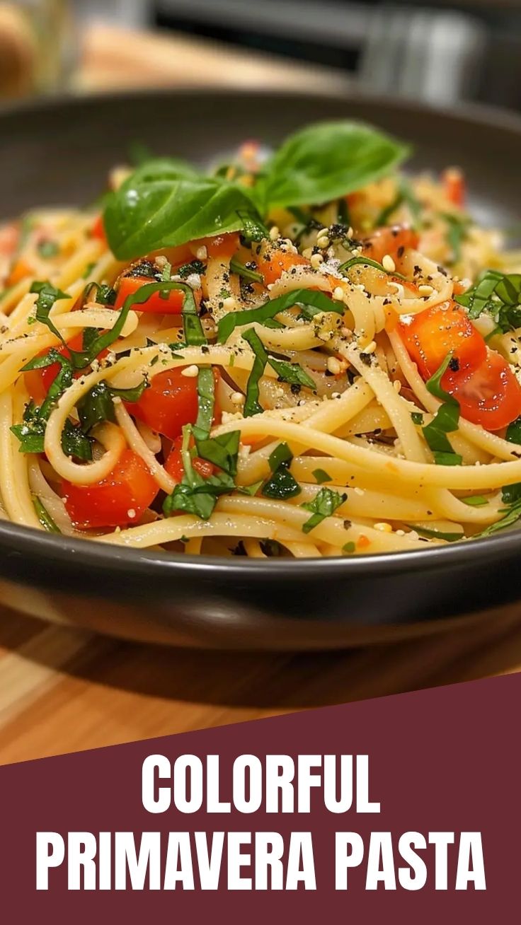 A colorful bowl of fresh Pasta Primavera with assorted vegetables
