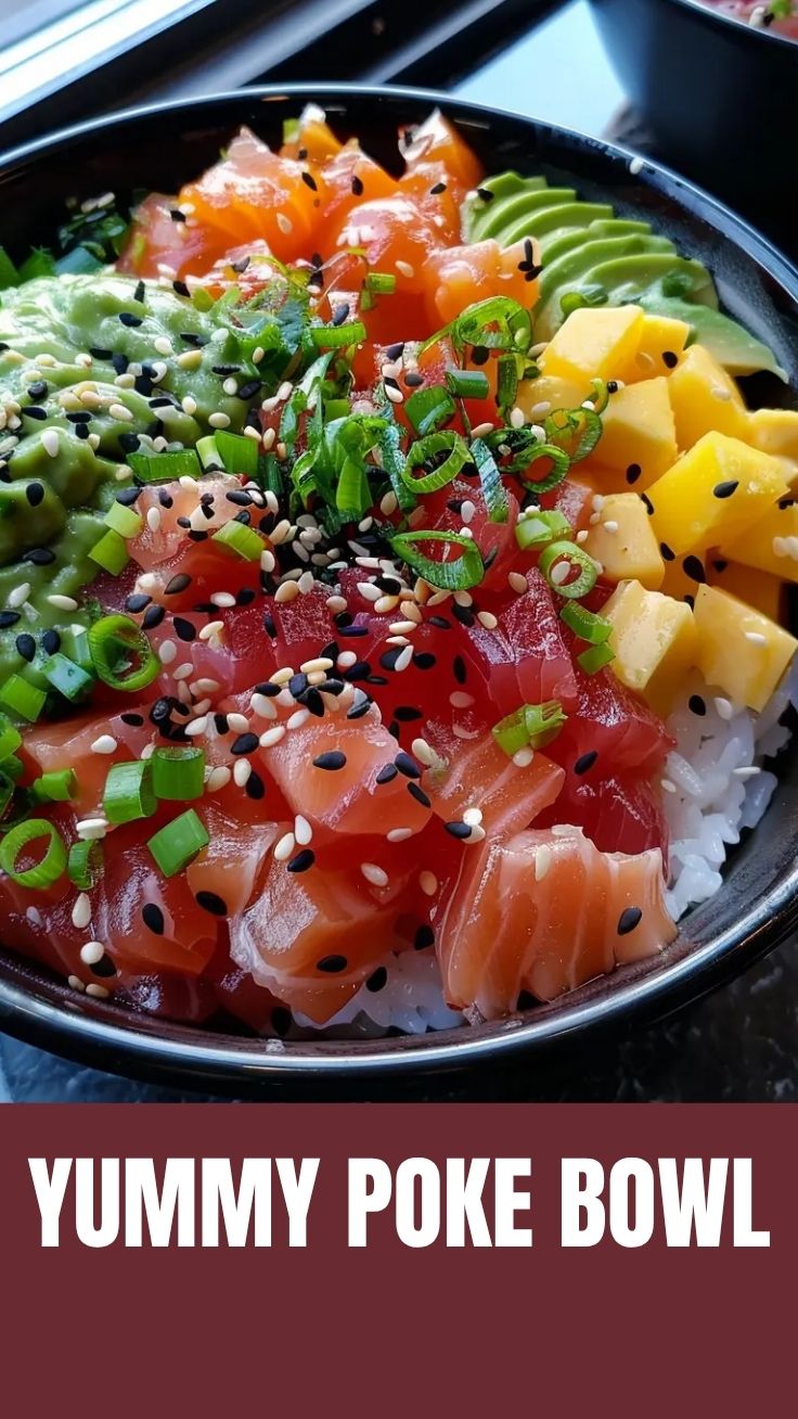 A vibrant poke bowl filled with fresh ingredients like salmon, avocado, and rice.