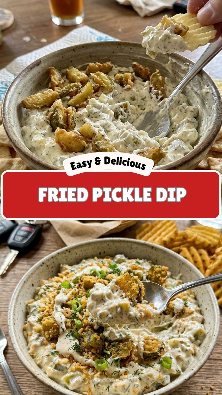 A bowl of creamy fried pickle dip, garnished with fresh dill and fried pickle pieces.