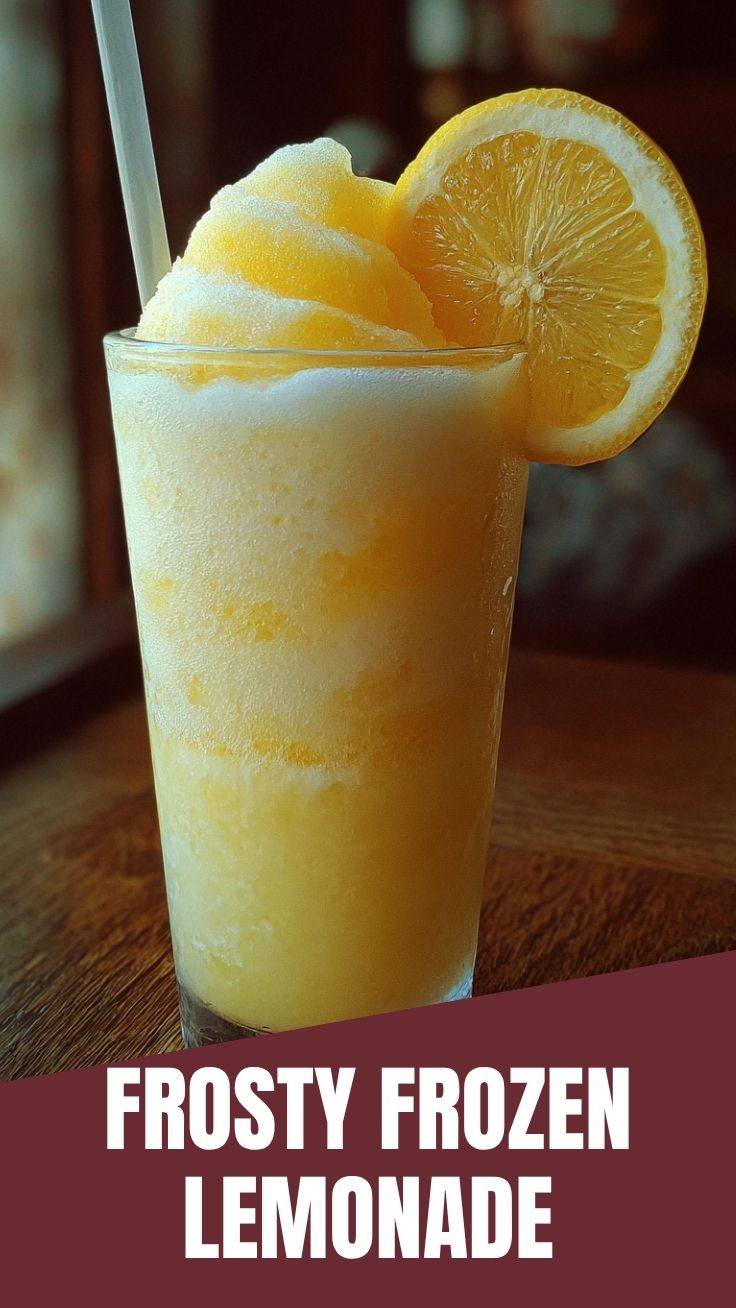 A tall glass of frozen lemonade with a lemon slice garnish