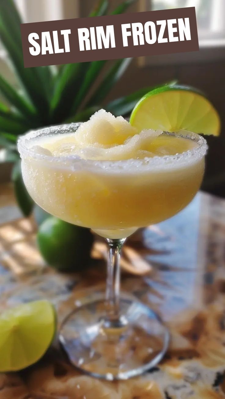 A refreshing frozen margarita in a salt-rimmed glass, garnished with a lime slice.